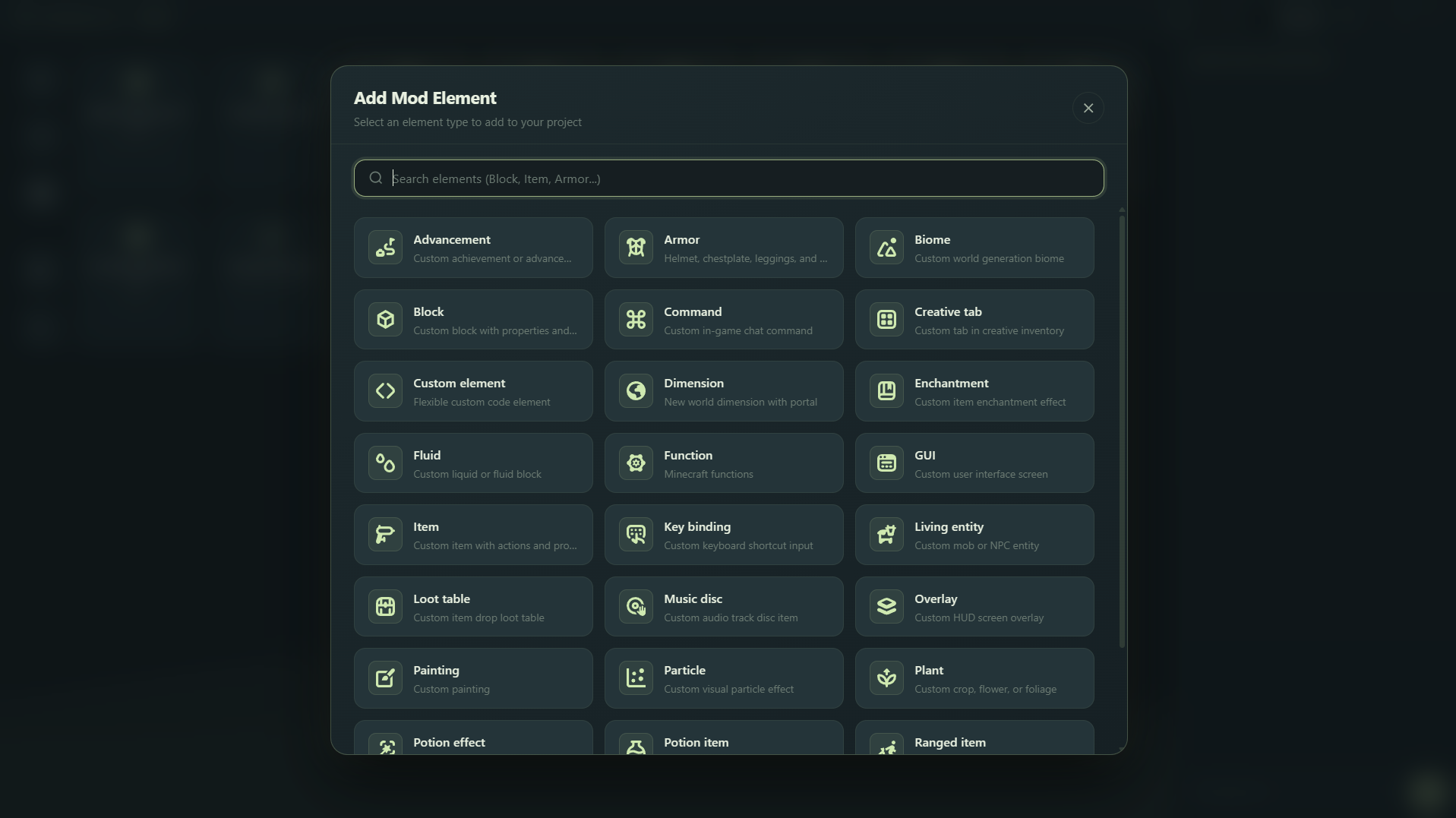 Add Mod Element dialog with Block, Item, Armor, Biome and more element types