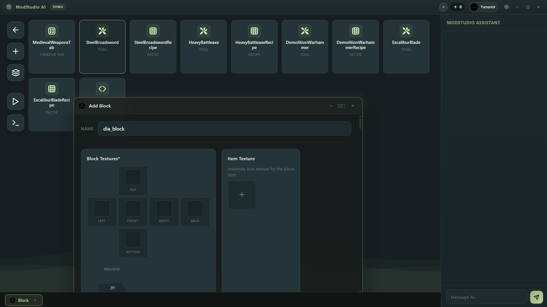 Block editor with per-face textures, item texture and live preview
